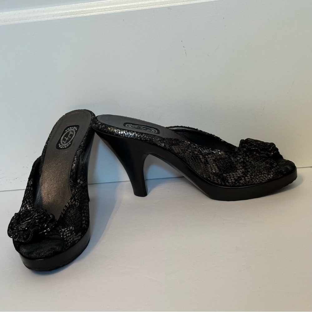 SALPY NEW HEELS SLIDES BLACK SILVER LEATHER HANDMADE SHOES REPTILE LOOK Size 10